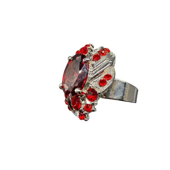 Garnet & Faux Ruby Silver-Plated Cocktail Ring Size 8 Adjustable - Picture 3 of 5
